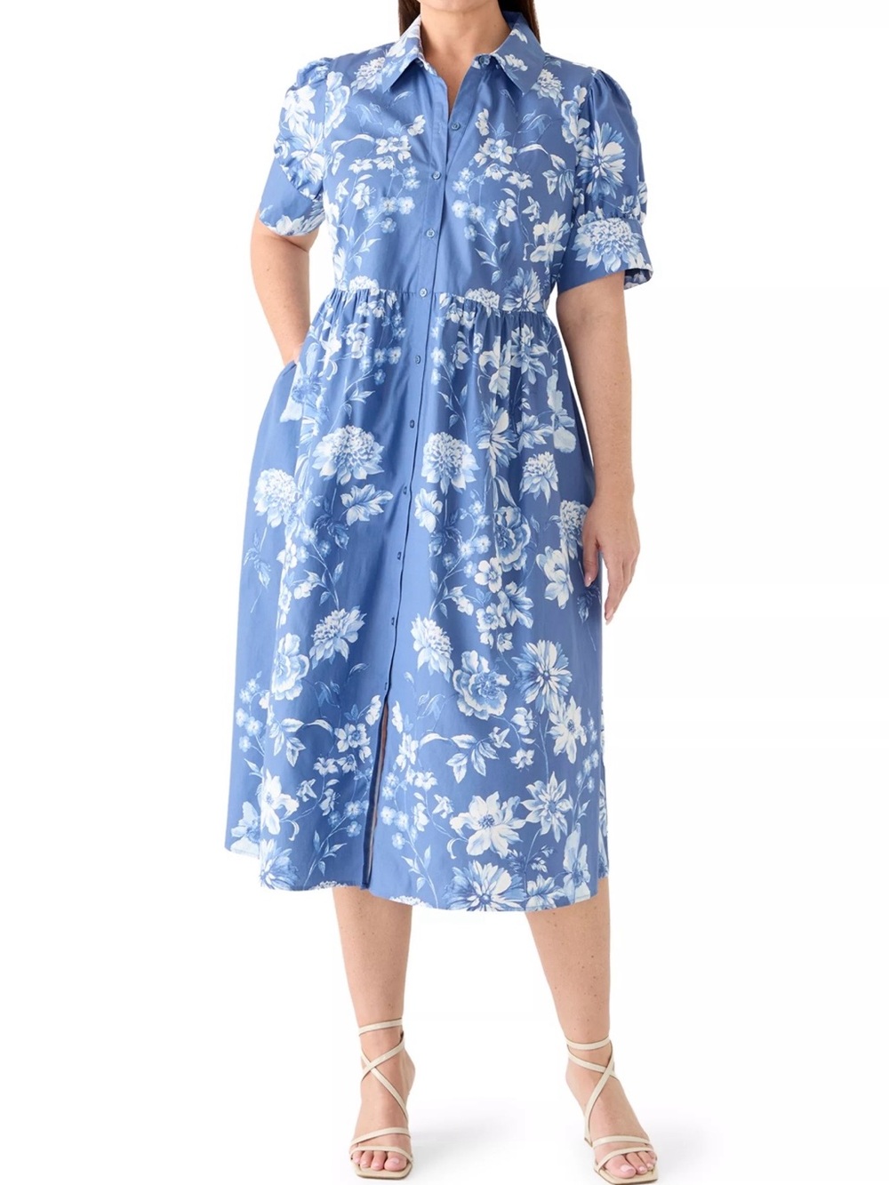 Crown & Ivy Blue White Floral Midi Shirt Dress Pockets PM